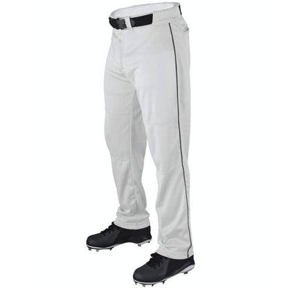 A Wilson Youth P200 Classic Knit Relaxed Fit Baseball Pants with black side piping and elastic waistband, paired with a black belt and black cleats, are displayed on a lower torso mannequin.