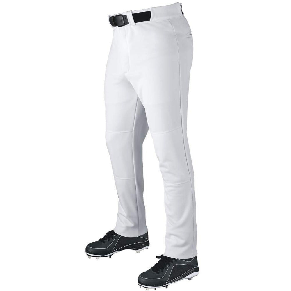 A person wearing DeMarini Adult VIP Baseball/Softball Pants (WTD1079) with adjustable inseam and double-layered knees, paired with a black belt and black cleats, shown waist down against a white background.