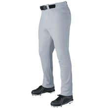 A person wearing DeMarini Youth VIP Baseball Pants (WTD2079) in light gray with an adjustable inseam, plus a black belt and black cleats, stands against a white background. The upper body is not visible.