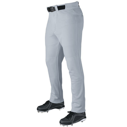 A person wearing DeMarini Youth VIP Baseball Pants (WTD2079) in light gray with an adjustable inseam, plus a black belt and black cleats, stands against a white background. The upper body is not visible.
