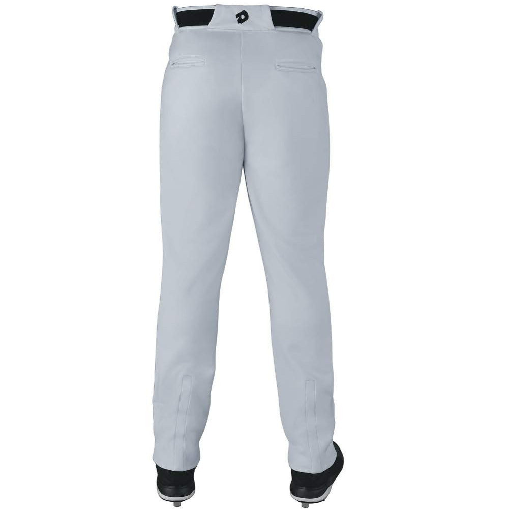 Back view of DeMarini Adult VIP Baseball / Softball Pants (WTD1079) in light gray, featuring double-layered knees, two rear welt pockets, black belt loops, and paired with black shoes.