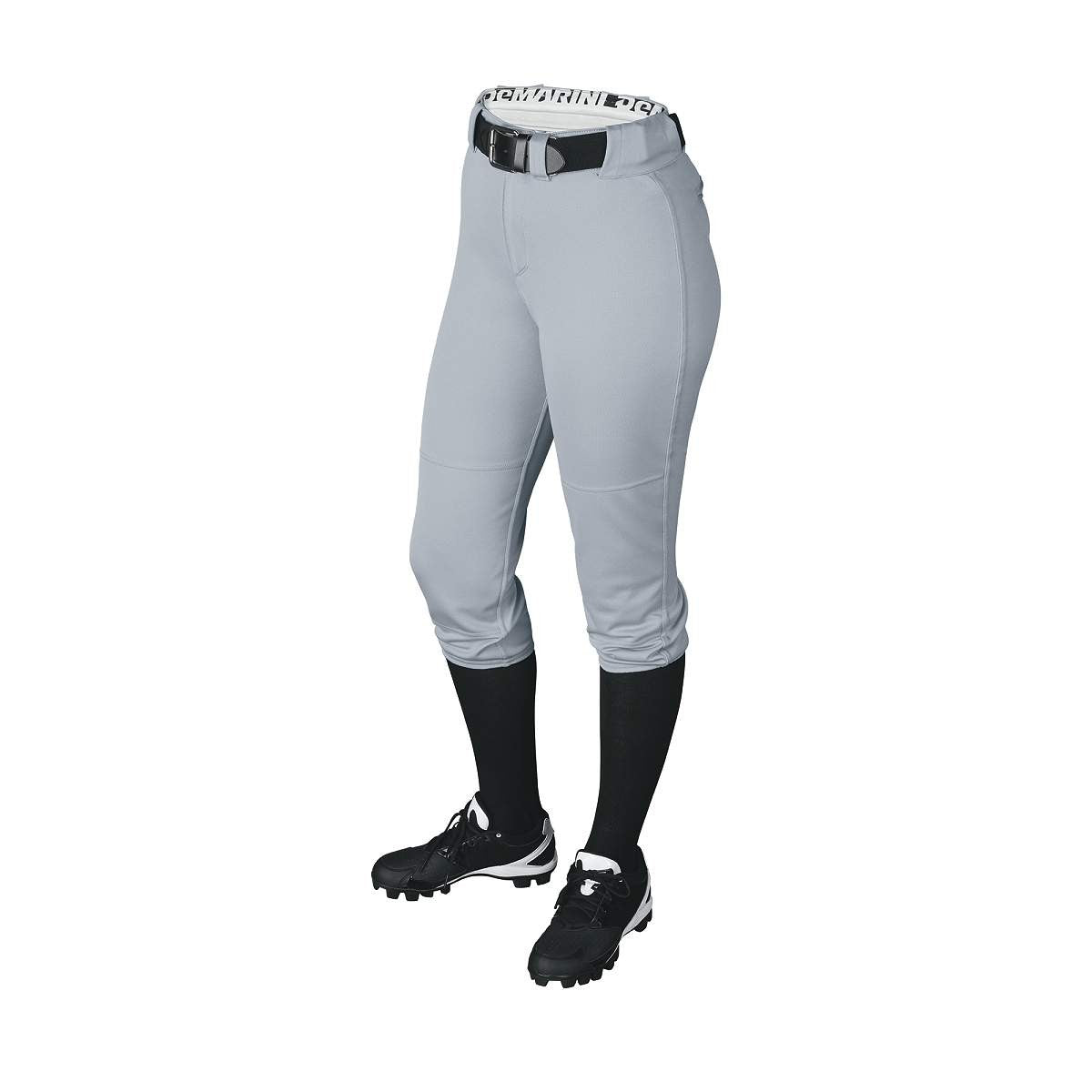 Wearing DeMarini Girl's Belted Fastpitch Softball Pants (WTD4040) in gray, with a black belt, knee-high socks, and cleats, a person stands against a white background; upper body not visible.