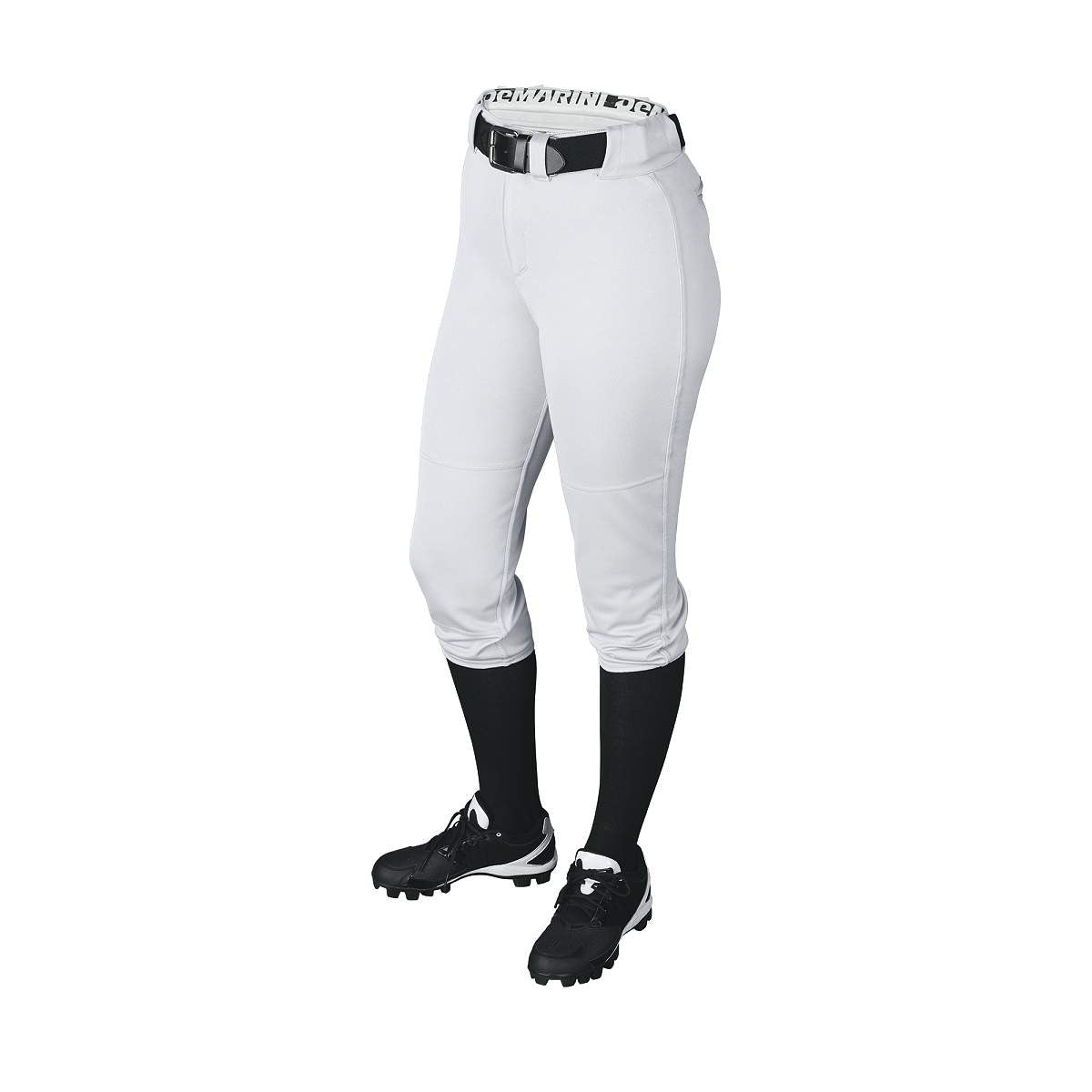 A person is shown from the waist down on a white background wearing DeMarini Girl's Belted Fastpitch Softball Pants (WTD4040), paired with a black belt, black socks, and black cleats.