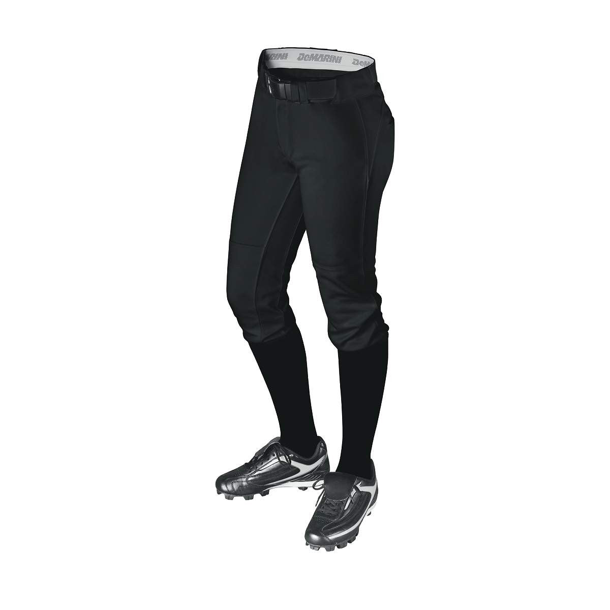 A person wears DeMarini Women's Uprising Fastpitch Softball Pants (WTD3077) in black, paired with black socks, a black belt, and silver-black cleats. Their upper body is not visible against the white background.