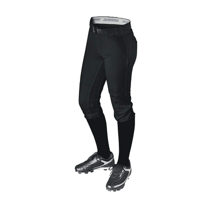 A person wears DeMarini Women's Uprising Fastpitch Softball Pants (WTD3077) in black, paired with black socks, a black belt, and silver-black cleats. Their upper body is not visible against the white background.