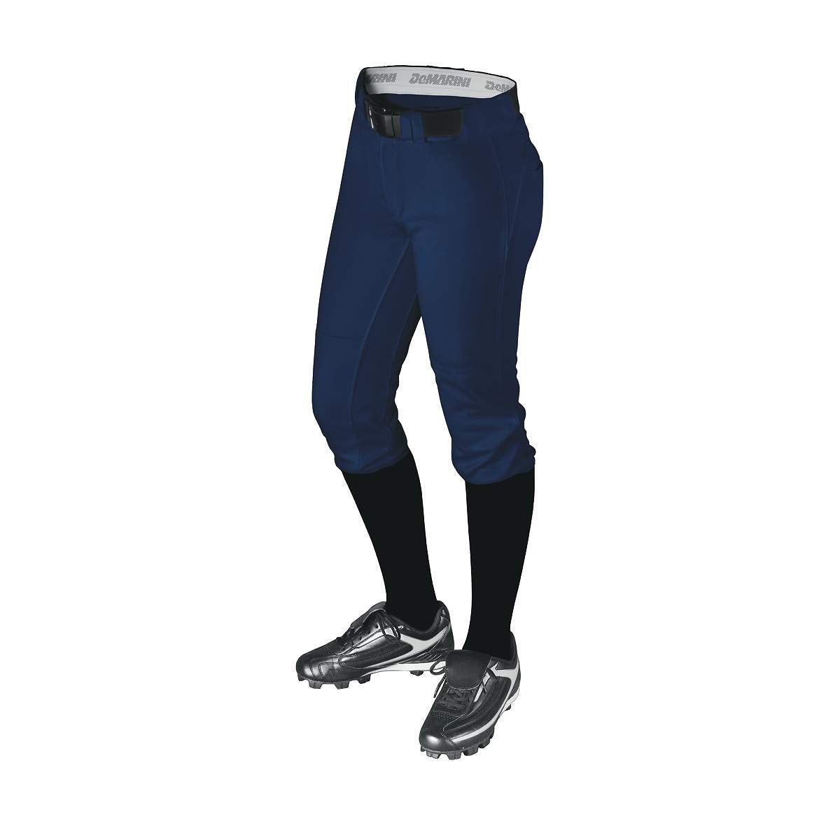 Someone stands against a white background wearing DeMarini Women's Uprising Fastpitch Softball Pants (WTD3077) in navy, paired with a black belt, black knee-high socks, and metallic silver cleats. Only the lower body is visible.