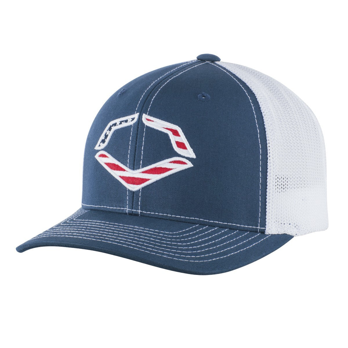 The EvoShield USA Flex Fit Hat (WTV1035320410) features a blue and white design, mesh back, and a red, white, and blue geometric logo on the front—reminiscent of the classic EvoShield Navy USA Hat style.
