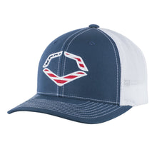 The EvoShield USA Flex Fit Hat (WTV1035320410) features a blue and white design, mesh back, and a red, white, and blue geometric logo on the front—reminiscent of the classic EvoShield Navy USA Hat style.