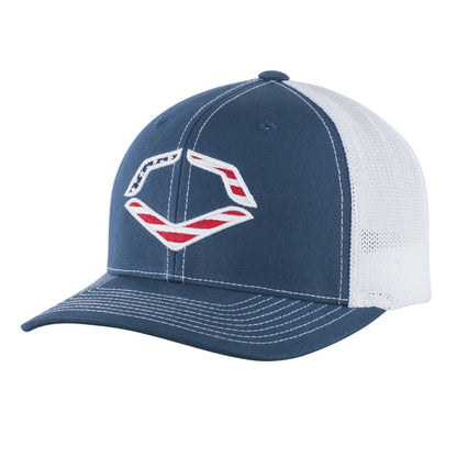 The EvoShield USA Flex Fit Hat (WTV1035320410) features a blue and white design, mesh back, and a red, white, and blue geometric logo on the front—reminiscent of the classic EvoShield Navy USA Hat style.