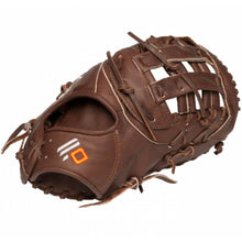 The Nokona X2 Elite 13" First Base Mitt (X2-N70) is a brown glove made of Stampede Steerhide, featuring an open web, visible stitching, and a small orange and white logo on the thumb.